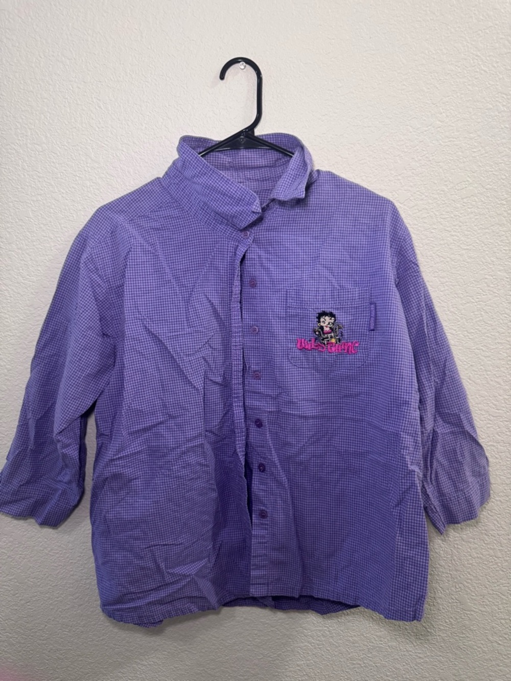 Vintage 2002 Betty Boop Lavender Gingham Button-Up Shirt with Pink Script Tag